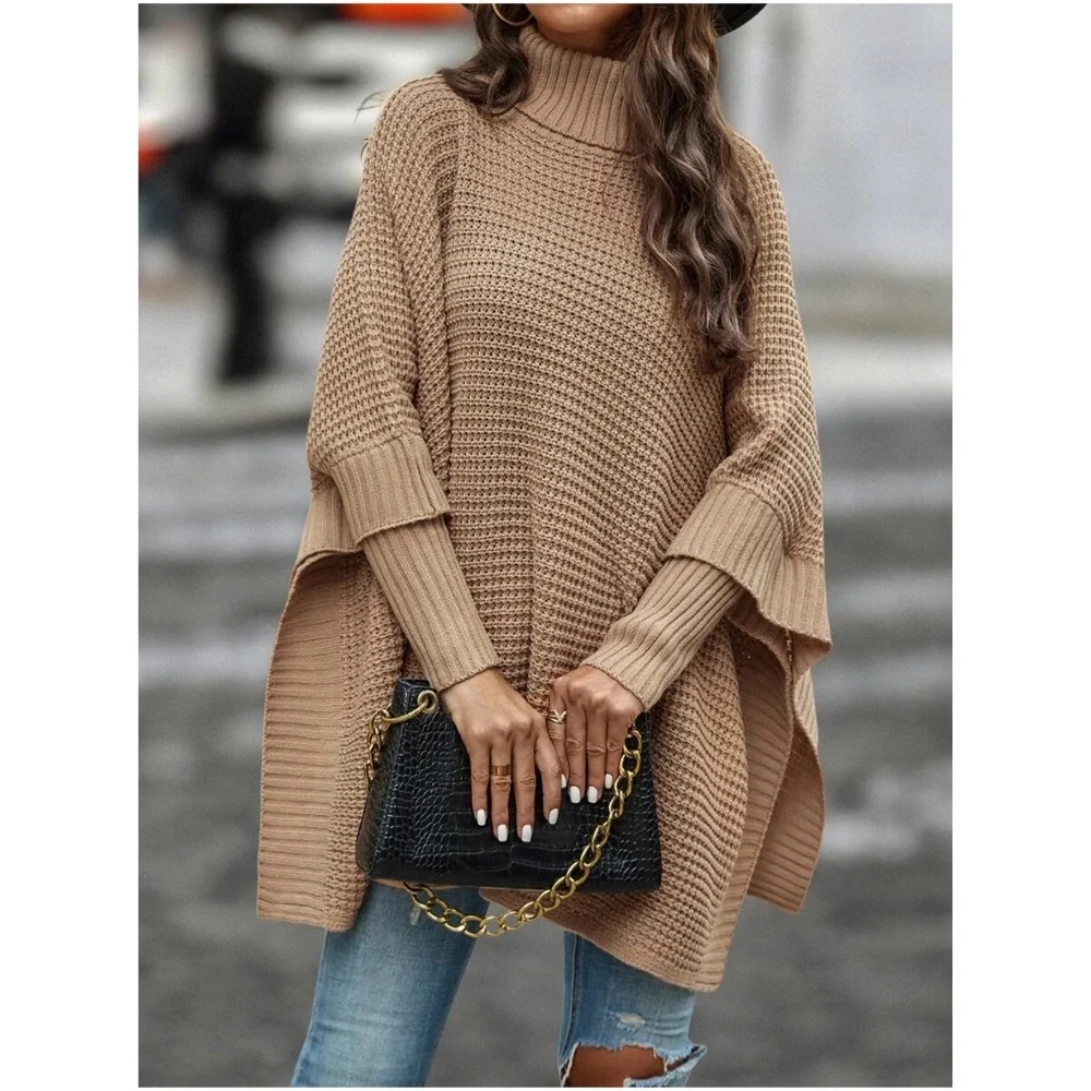 Cozy Turtleneck Oversized Poncho Sweater Top - Picture 1 of 5